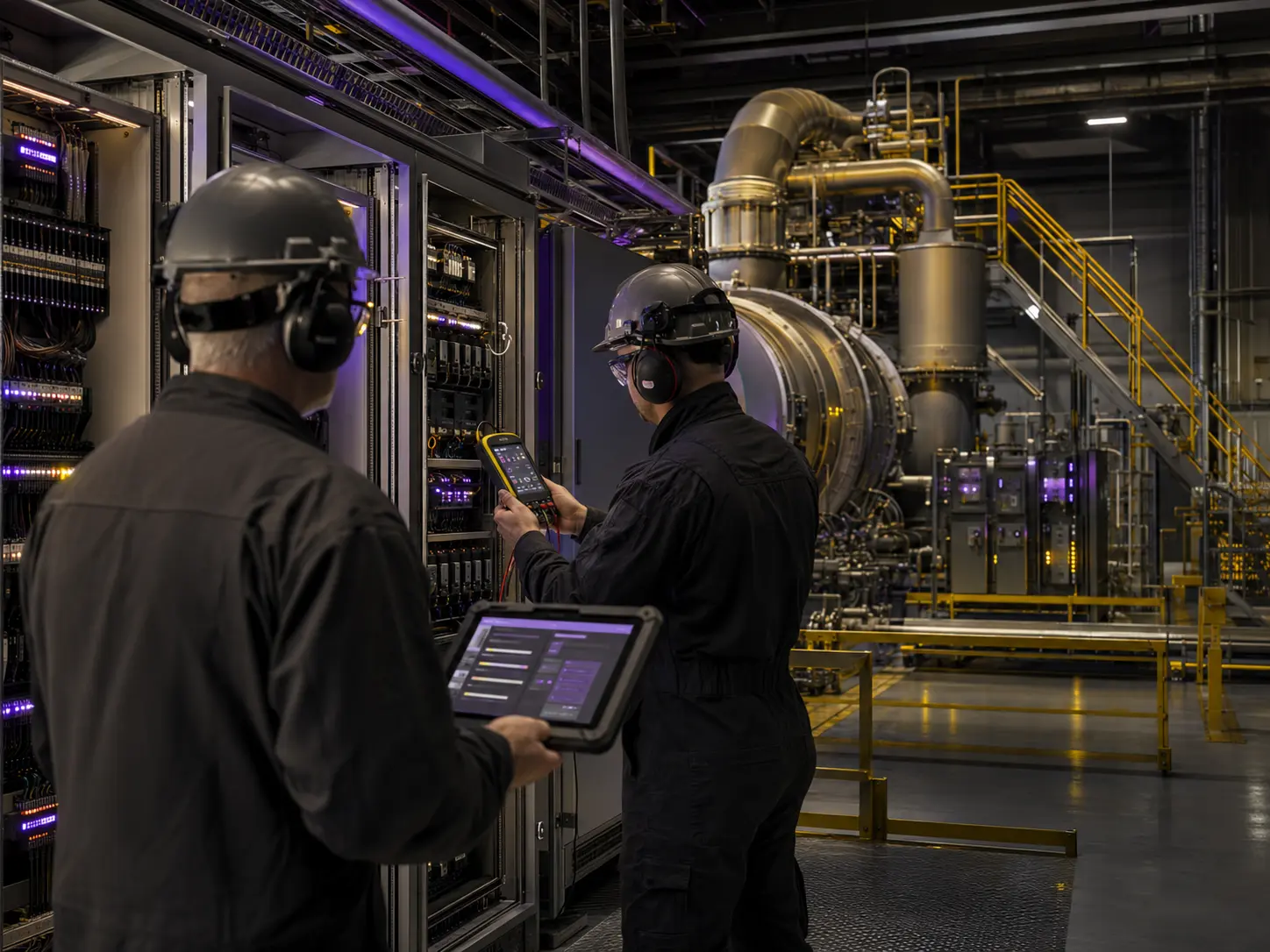 Commissioning specialists conducting a structured readiness review in a turbine power facility