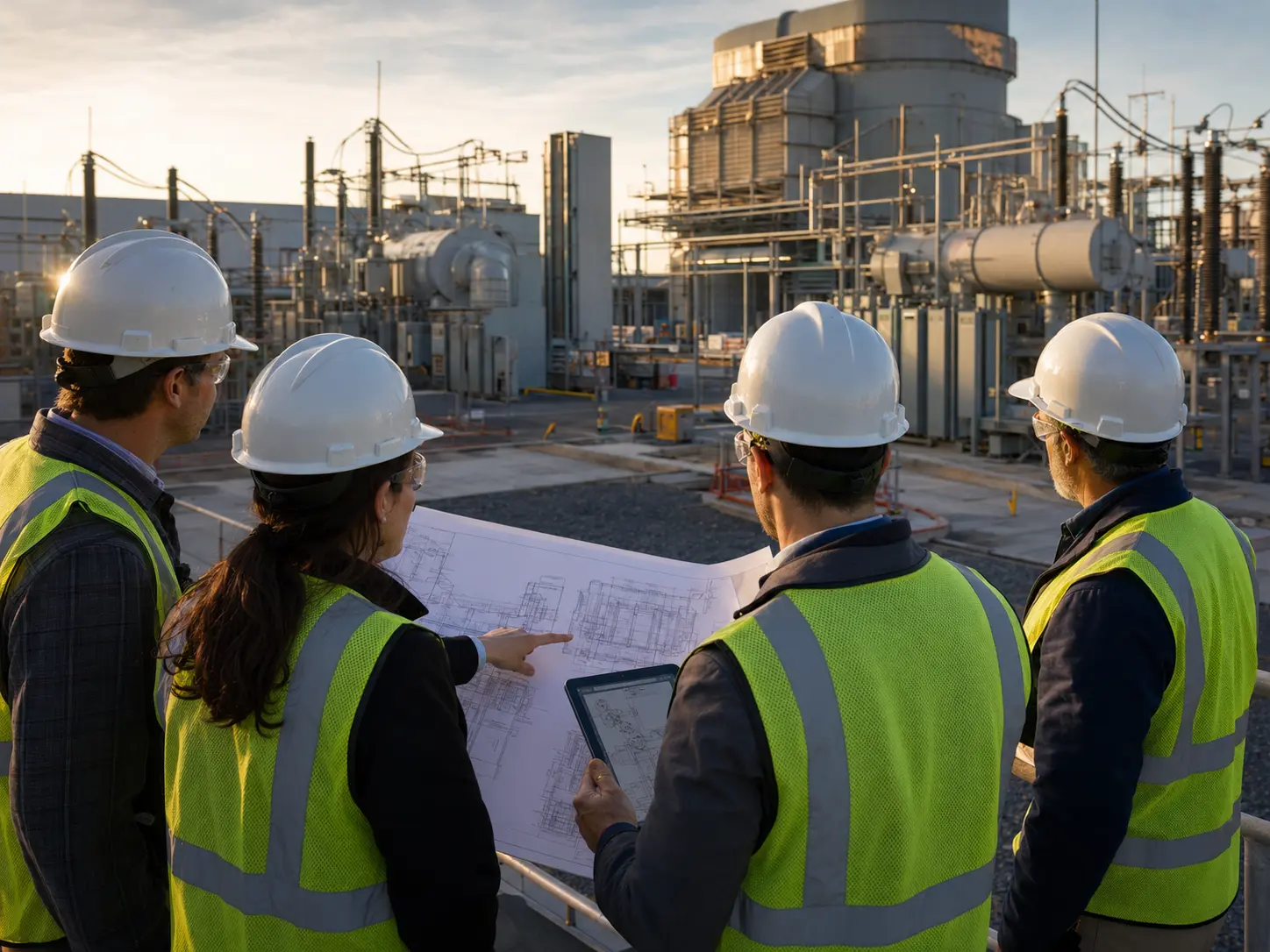Owner-side project leaders reviewing plans at a major power and infrastructure project