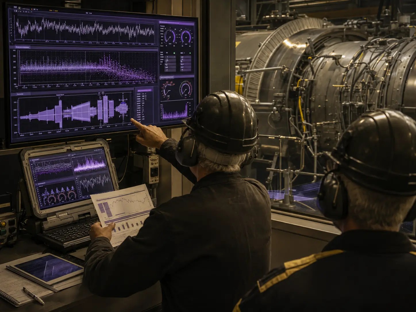 Reliability engineer analyzing turbine performance and condition data in a power plant