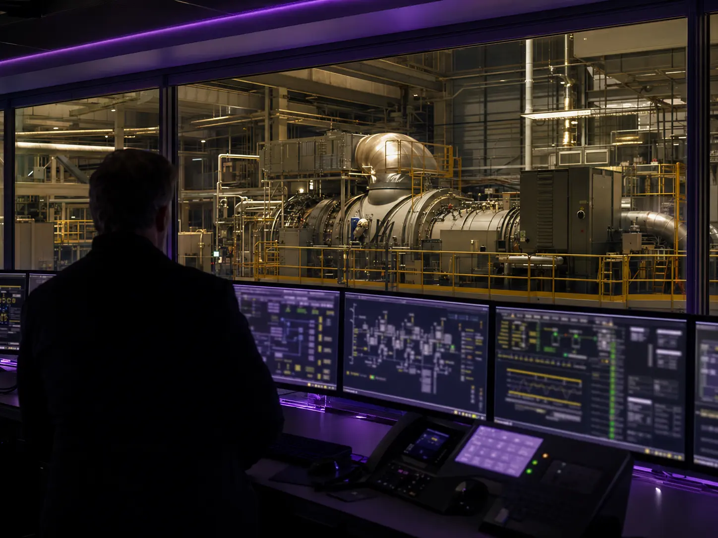 Technical consultant reviewing power-generation operations from a modern control environment